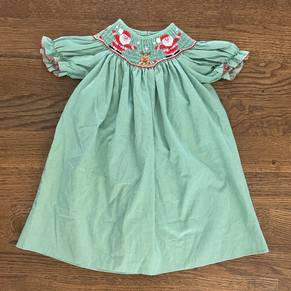 Velani Classics Green Gingham Smocked Embroidered Holiday Santa Dress